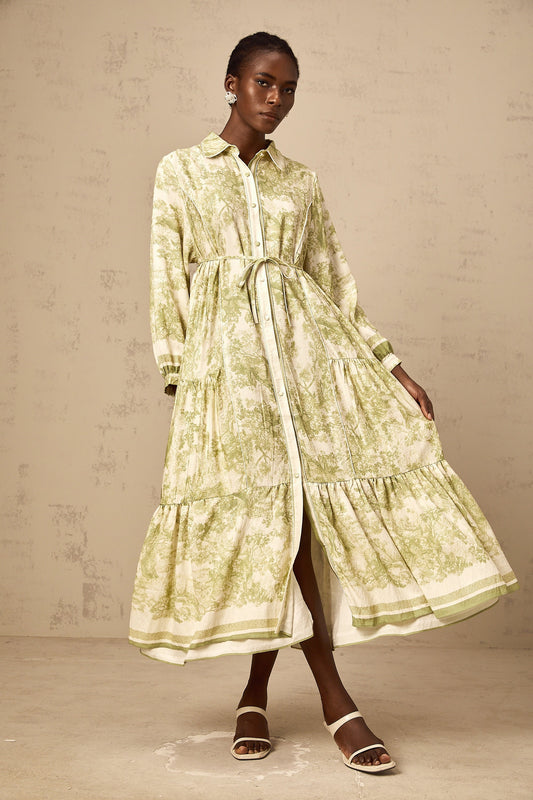 Adélaïde Green Graffiti Print Long Sleeve Cotton Midi Dress