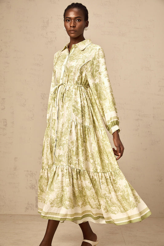 Adélaïde Green Graffiti Print Long Sleeve Cotton Midi Dress