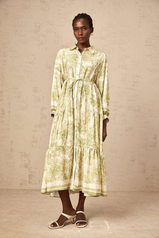 Adélaïde Green Graffiti Print Long Sleeve Cotton Midi Dress