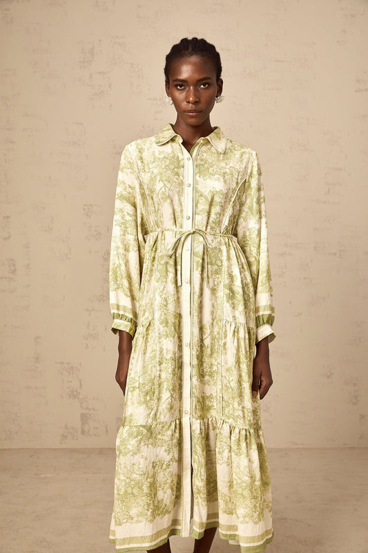 Adélaïde Green Graffiti Print Long Sleeve Cotton Midi Dress