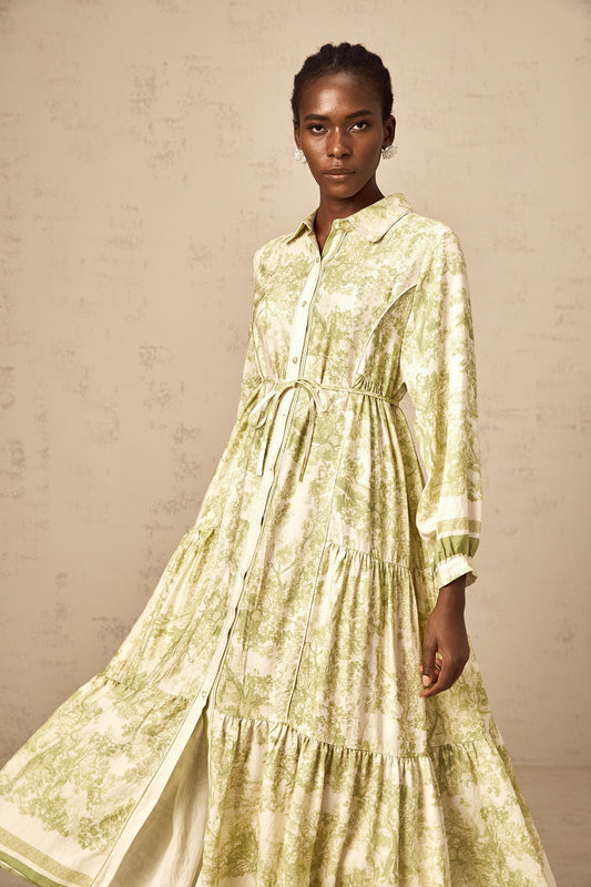 Adélaïde Green Graffiti Print Long Sleeve Cotton Midi Dress