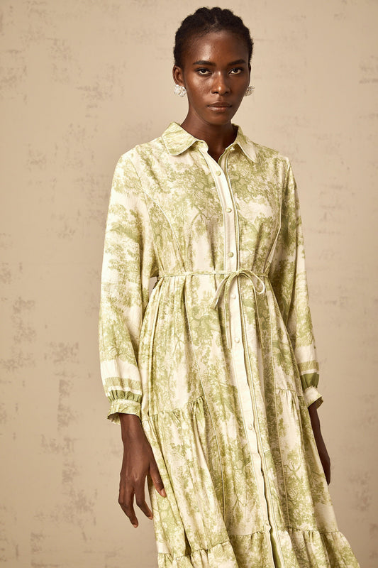 Adélaïde Green Graffiti Print Long Sleeve Cotton Midi Dress