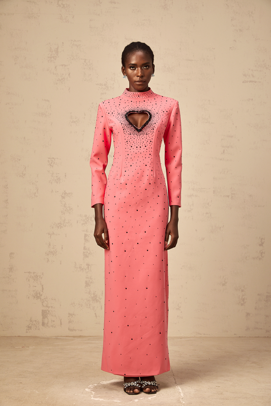 Hot Pink Zélie Heart Cut-Out Rhinestone Embellished Maxi Dress