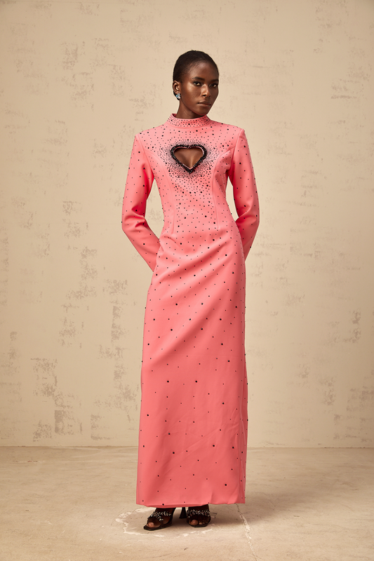 Hot Pink Zélie Heart Cut-Out Rhinestone Embellished Maxi Dress