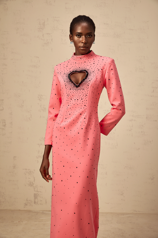 Hot Pink Zélie Heart Cut-Out Rhinestone Embellished Maxi Dress