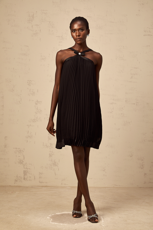 Zelda Black Bowknot Pleated Mini Dress with Halterneck Detail