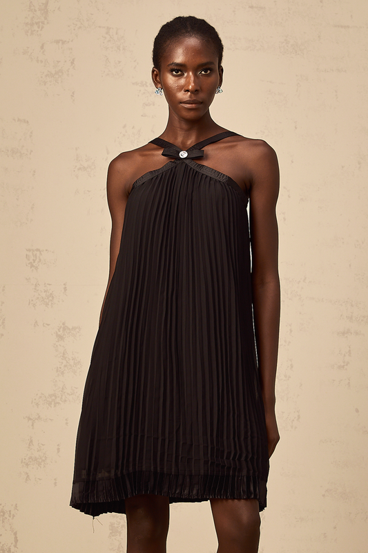 Zelda Black Bowknot Pleated Mini Dress with Halterneck Detail