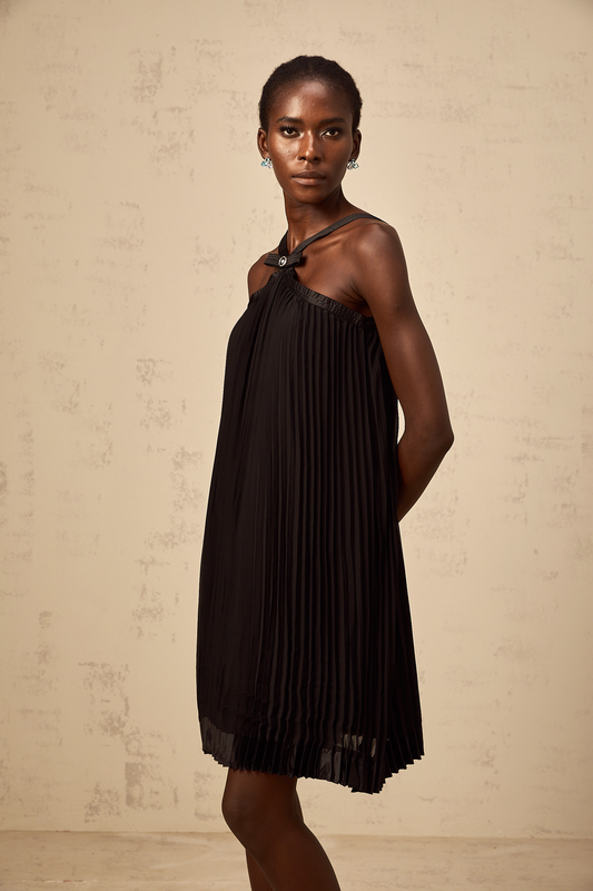 Zelda Black Bowknot Pleated Mini Dress with Halterneck Detail