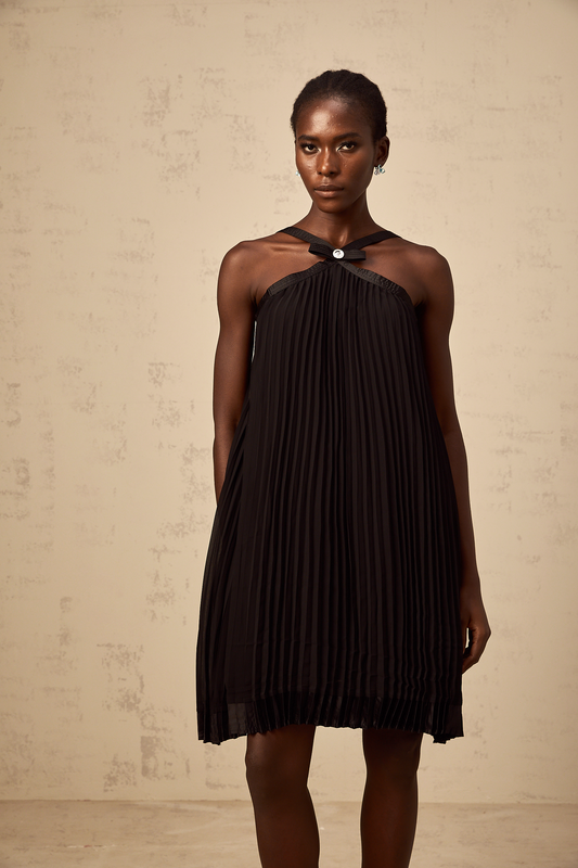 Zelda Black Bowknot Pleated Mini Dress with Halterneck Detail
