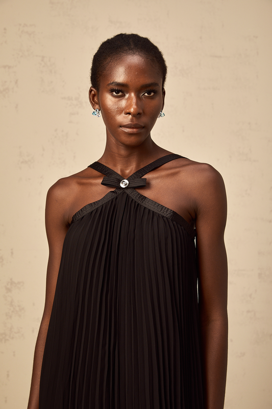 Zelda Black Bowknot Pleated Mini Dress with Halterneck Detail