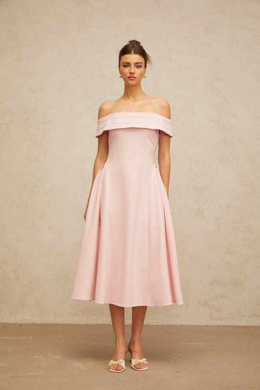 Zélie Pink Off-Shoulder Pleated Midi Dress with Flared Skirt
