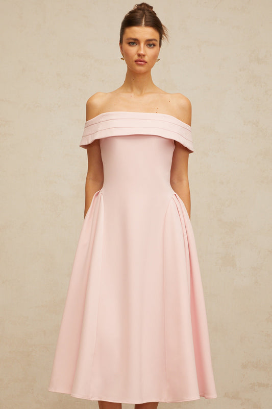 Zélie Pink Off-Shoulder Pleated Midi Dress with Flared Skirt
