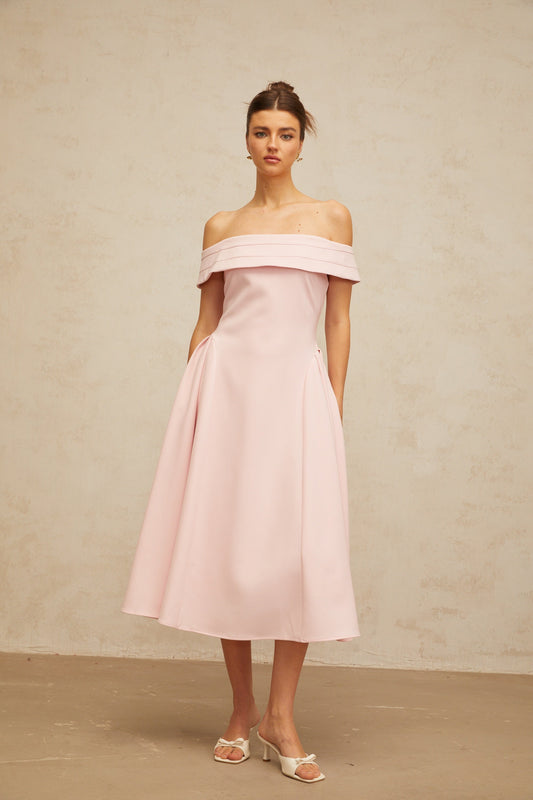 Zélie Pink Off-Shoulder Pleated Midi Dress with Flared Skirt