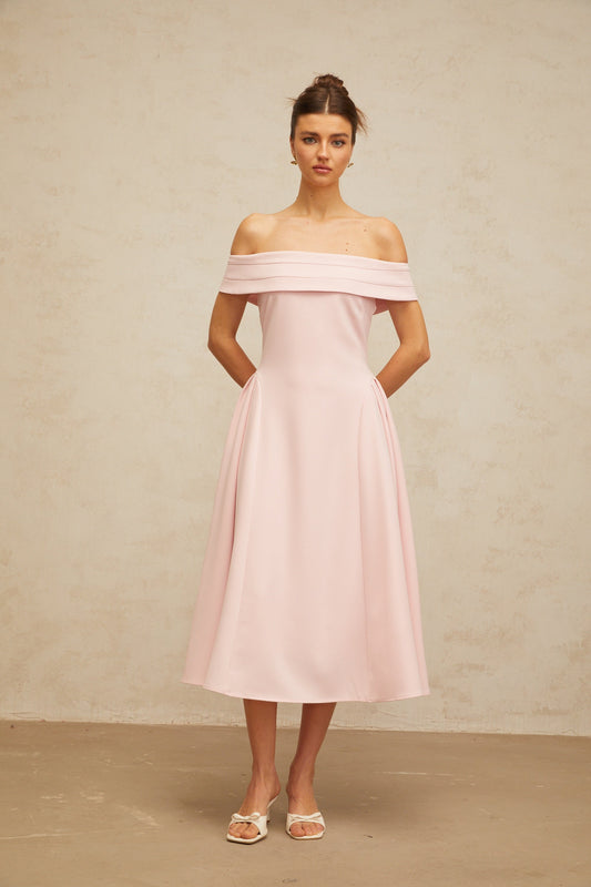 Zélie Pink Off-Shoulder Pleated Midi Dress with Flared Skirt