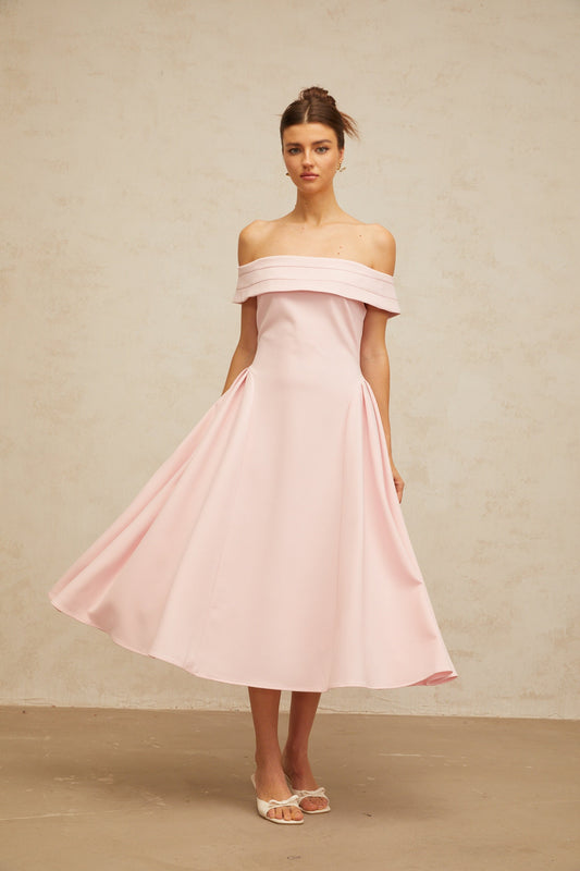 Zélie Pink Off-Shoulder Pleated Midi Dress with Flared Skirt