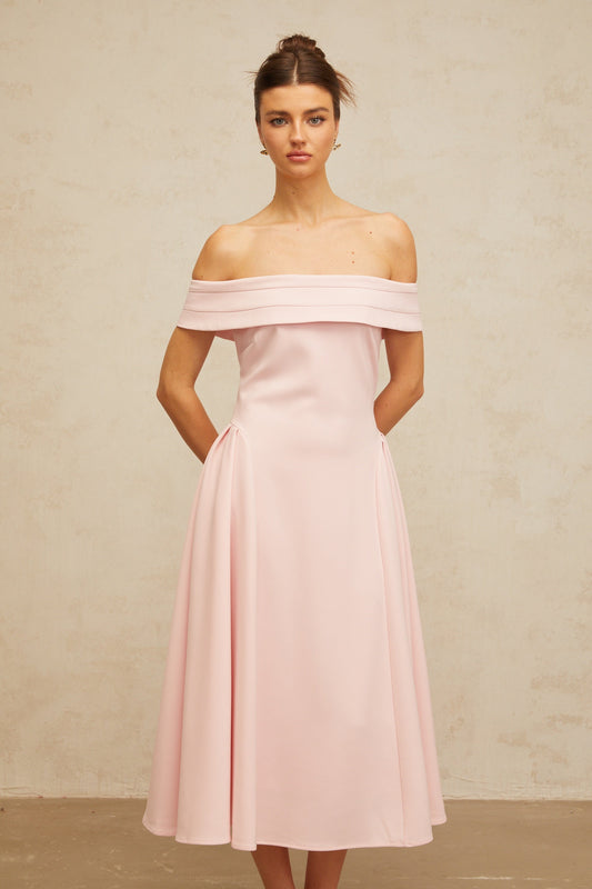 Zélie Pink Off-Shoulder Pleated Midi Dress with Flared Skirt