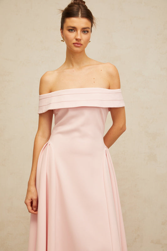 Zélie Pink Off-Shoulder Pleated Midi Dress with Flared Skirt
