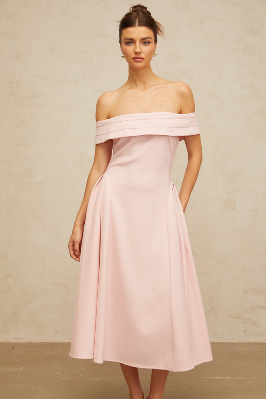 Zélie Pink Off-Shoulder Pleated Midi Dress with Flared Skirt