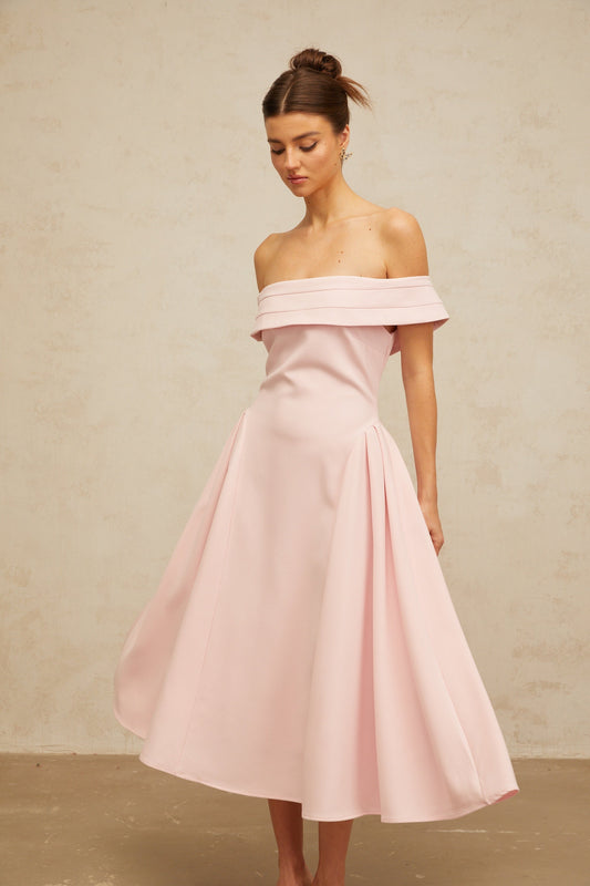 Zélie Pink Off-Shoulder Pleated Midi Dress with Flared Skirt