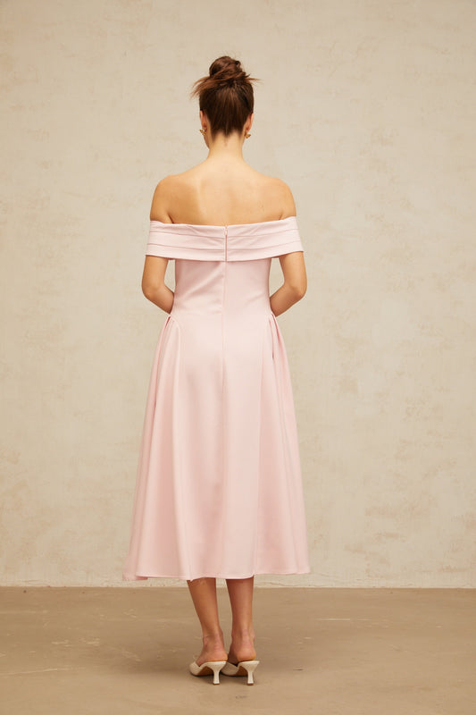 Zélie Pink Off-Shoulder Pleated Midi Dress with Flared Skirt