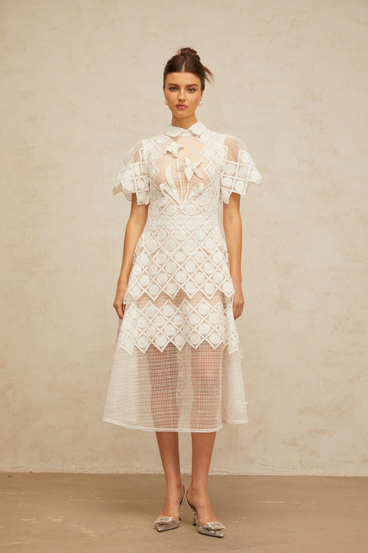 Yasmine White Floral Embroidered Tulle Midi Dress with Short Sleeves