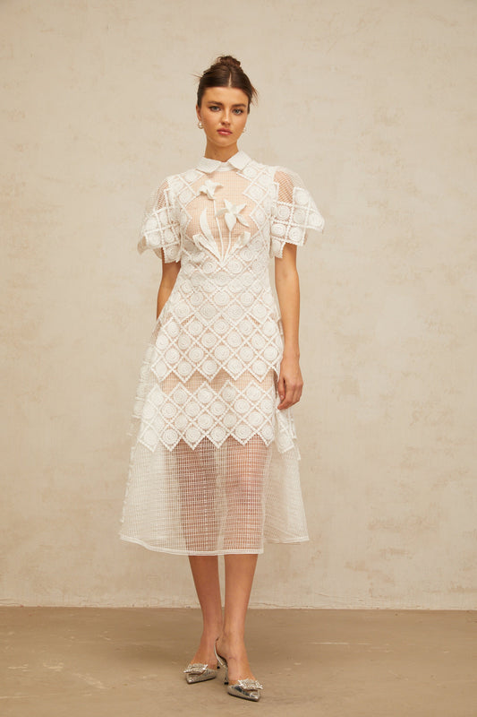 Yasmine White Floral Embroidered Tulle Midi Dress with Short Sleeves