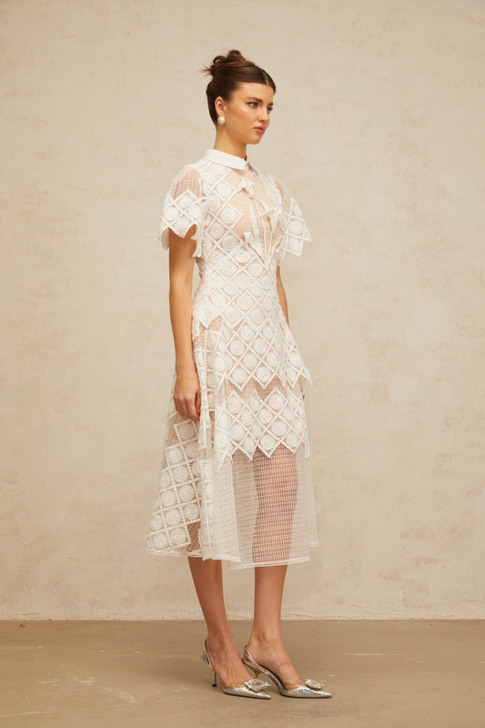 Yasmine White Floral Embroidered Tulle Midi Dress with Short Sleeves
