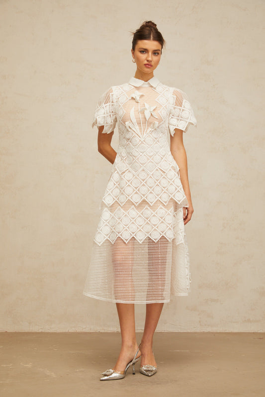 Yasmine White Floral Embroidered Tulle Midi Dress with Short Sleeves
