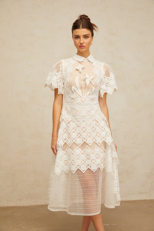 Yasmine White Floral Embroidered Tulle Midi Dress with Short Sleeves
