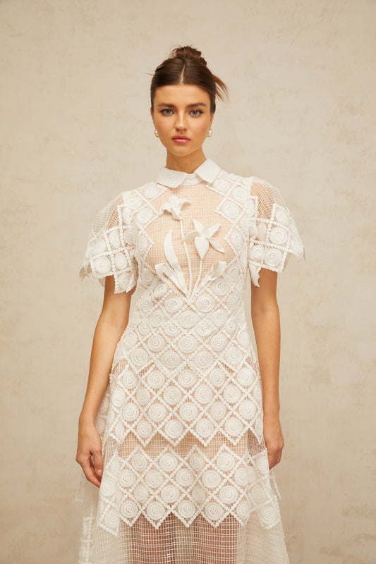 Yasmine White Floral Embroidered Tulle Midi Dress with Short Sleeves