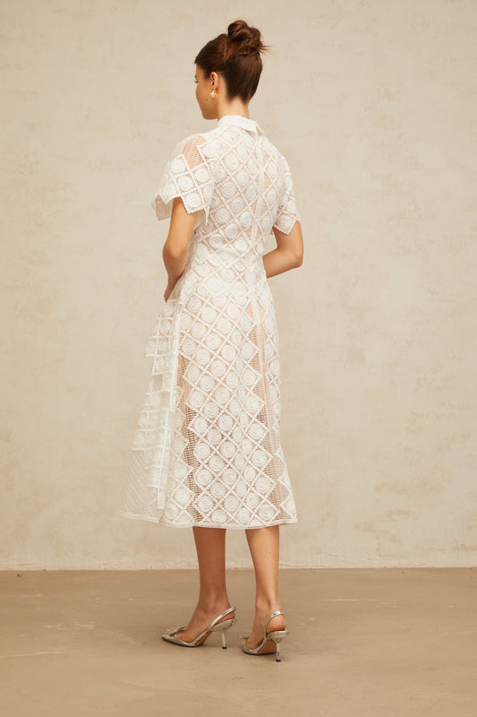 Yasmine White Floral Embroidered Tulle Midi Dress with Short Sleeves