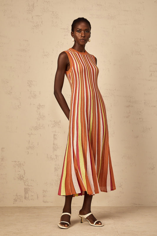 Abriana Orange Vertical Striped Metallic Knit Midi Dress with Flared Hem