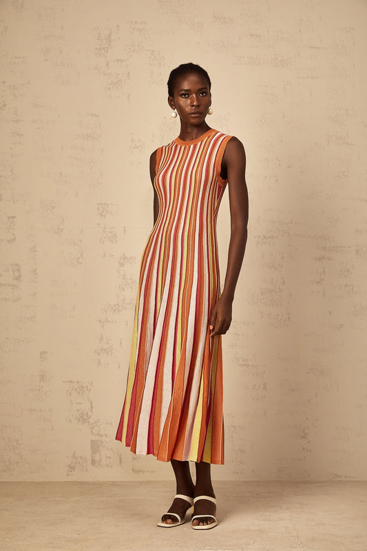 Abriana Orange Vertical Striped Metallic Knit Midi Dress with Flared Hem