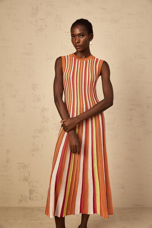 Abriana Orange Vertical Striped Metallic Knit Midi Dress with Flared Hem