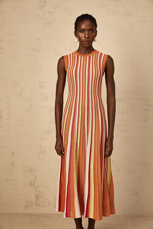 Abriana Orange Vertical Striped Metallic Knit Midi Dress with Flared Hem