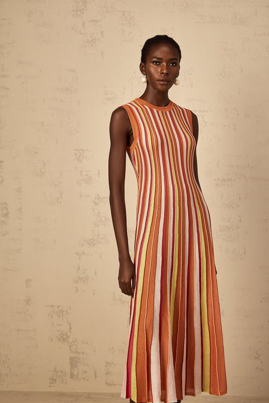 Abriana Orange Vertical Striped Metallic Knit Midi Dress with Flared Hem