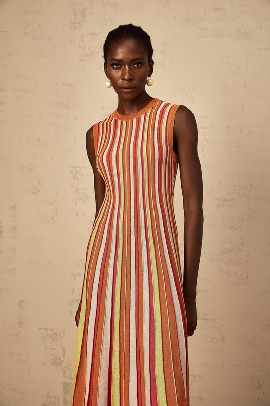 Abriana Orange Vertical Striped Metallic Knit Midi Dress with Flared Hem