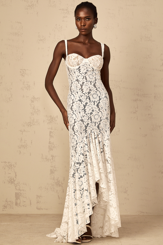 Elegant Abbie White Floral Lace Bustier Ruffled Maxi Dress