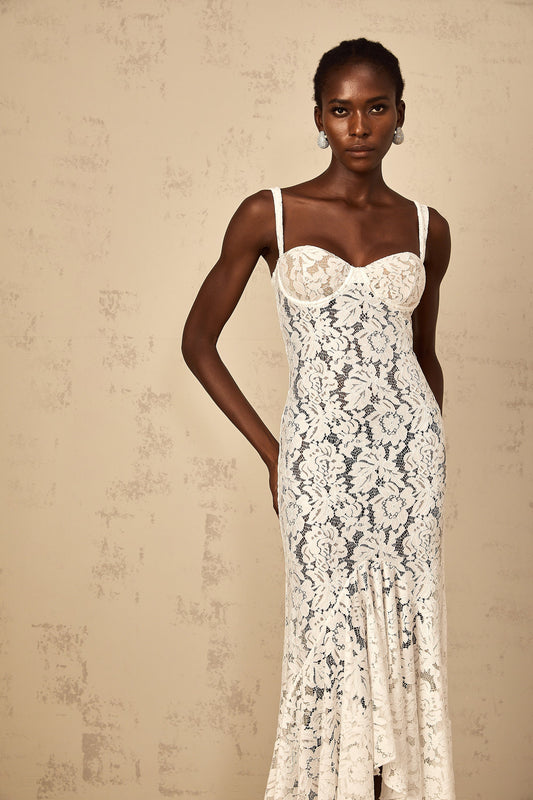 Elegant Abbie White Floral Lace Bustier Ruffled Maxi Dress