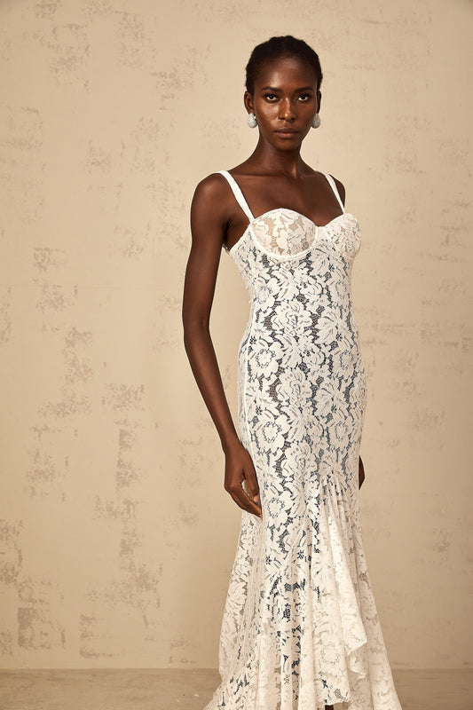 Elegant Abbie White Floral Lace Bustier Ruffled Maxi Dress