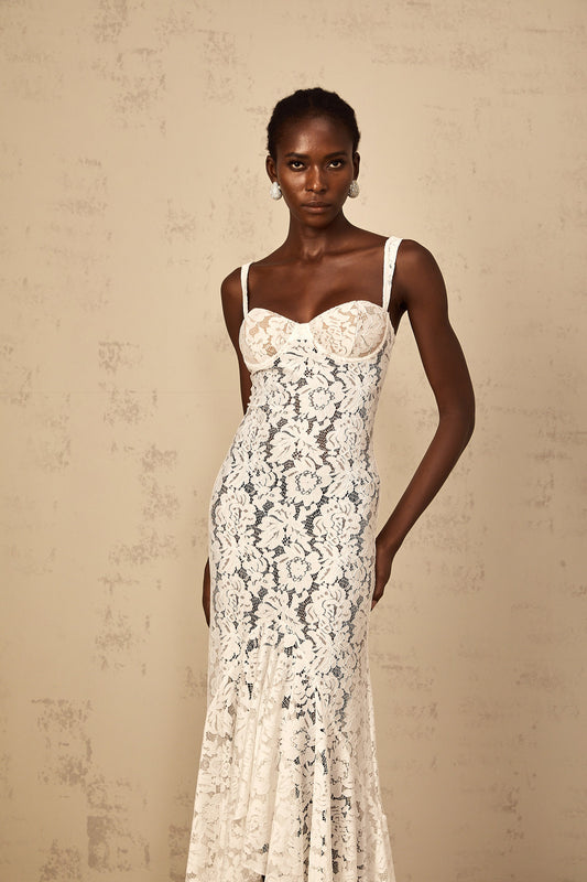 Elegant Abbie White Floral Lace Bustier Ruffled Maxi Dress