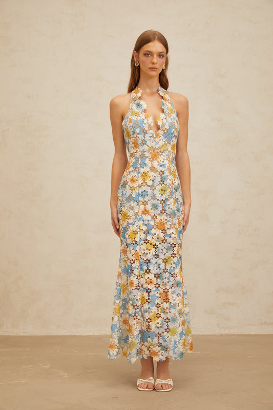 Zoé Blue Garden Party Floral Embroidered Halterneck Maxi Dress