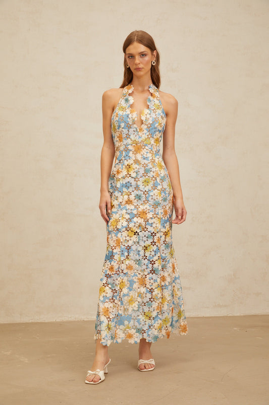 Zoé Blue Garden Party Floral Embroidered Halterneck Maxi Dress