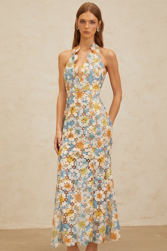 Zoé Blue Garden Party Floral Embroidered Halterneck Maxi Dress