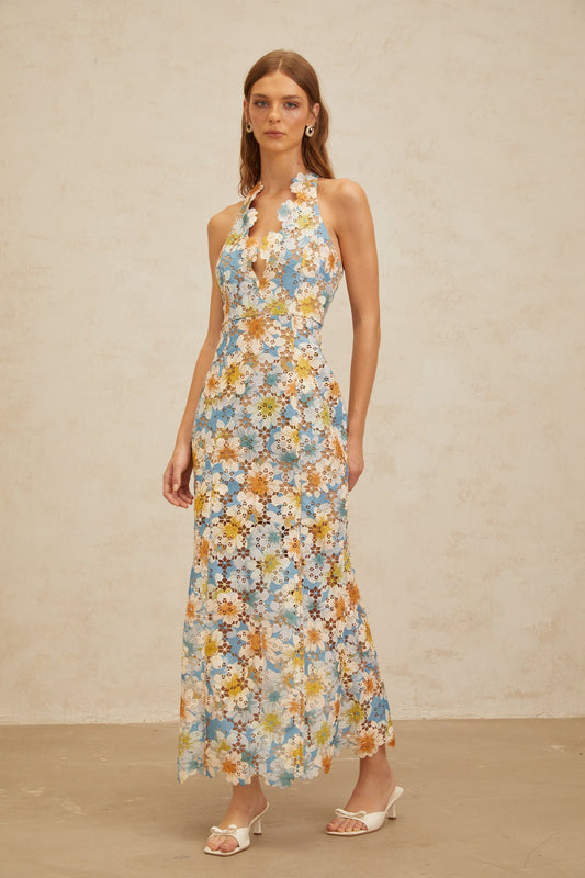 Zoé Blue Garden Party Floral Embroidered Halterneck Maxi Dress