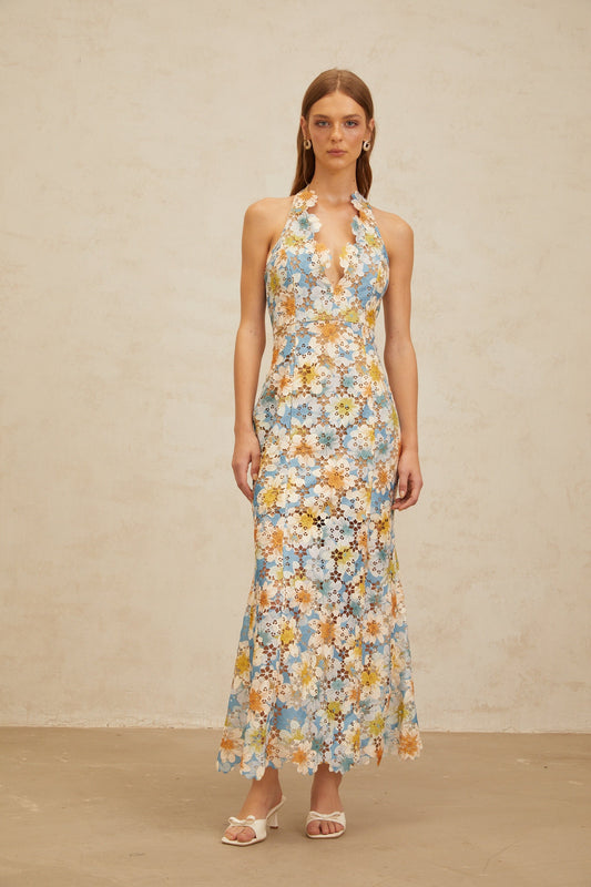 Zoé Blue Garden Party Floral Embroidered Halterneck Maxi Dress