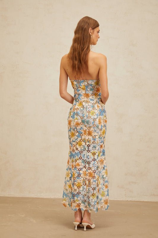 Zoé Blue Garden Party Floral Embroidered Halterneck Maxi Dress