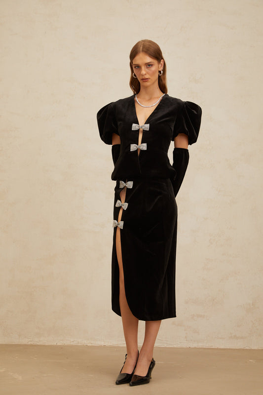 Adèle Black Bowknot Cut-Out Velvet Top and Midi Skirt Set