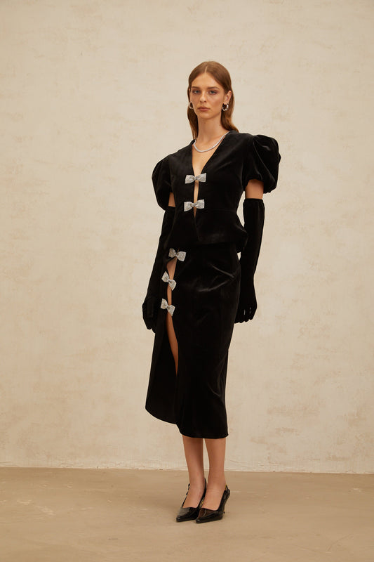 Adèle Black Bowknot Cut-Out Velvet Top and Midi Skirt Set