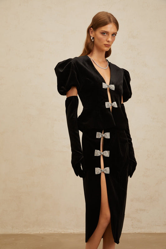 Adèle Black Bowknot Cut-Out Velvet Top and Midi Skirt Set